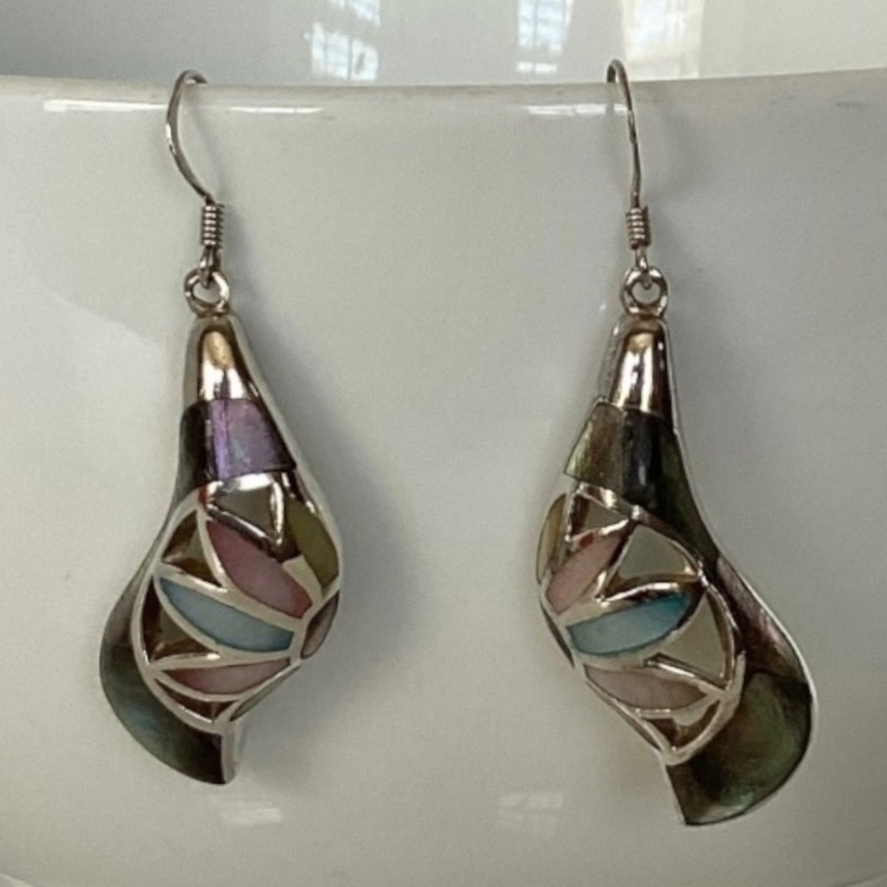 925 Sterling Silver Iridescent MOP Drop Hook Earrings Pink Blue Purple Green EUC - Picture 4 of 14